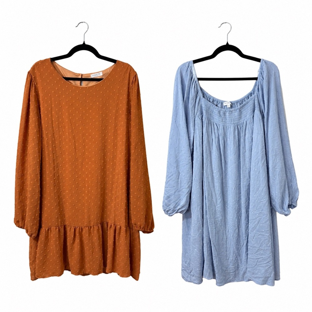 Chic Soul Lot of 2 Cottage Boho Swiss Dot Mini Prairie Dresses Rust & Blue 3X